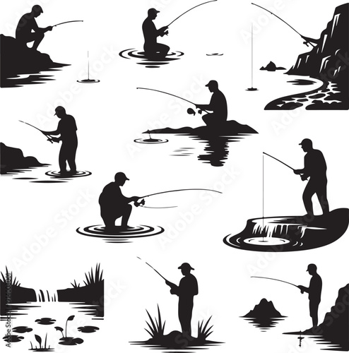 Silhouette of people fishing in various positions on riverbank and in water