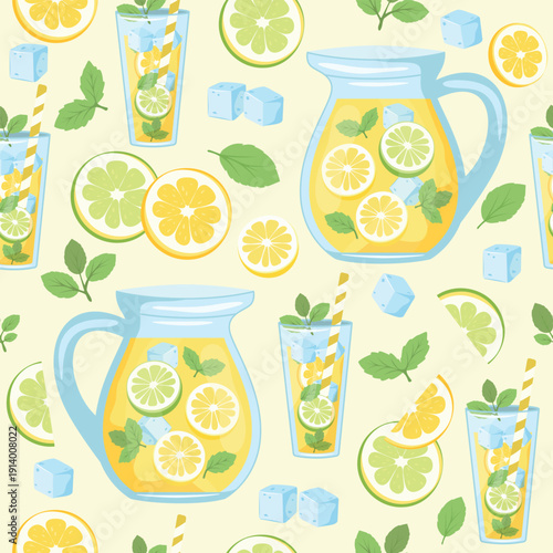 Lemonade Pitcher Pattern. Vector pattern pitchers and glasses of lemonade, lemon wedges, mint leaves, ice cubes in a light palette. For summer designs, drink menus, posters, social media graphic