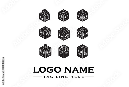 Black and white logo design featuring nine cube-shaped icons arranged in three rows with a logo name and tagline on a plain white background.