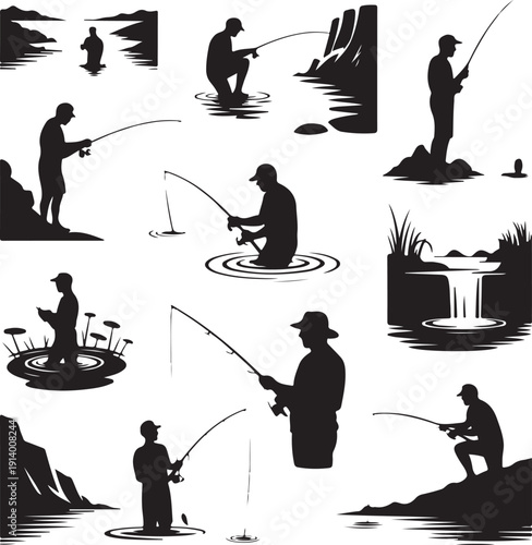 silhouette of people fishing in various positions on riverbanks and in water