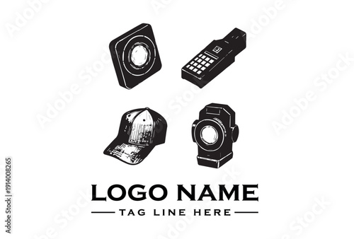 Black and white logo design featuring four industrial-style icons on a clean white background with a placeholder text for logo name and tagline.