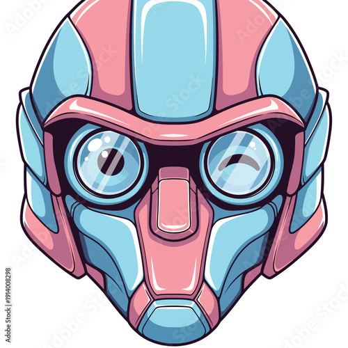 Futuristic Pink and Blue Robot Head Vector Mascot. Sci-Fi Cybernetic Avatar Logo Design.