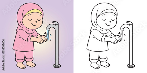 Muslim girl performing wudu before prayer. Illustration for kids education, Islamic learning, and daily religious activity. Object and background separated for easy editing.
