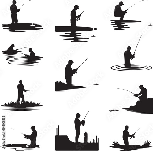 Silhouette of people fishing in various positions on land and water  recreational activity