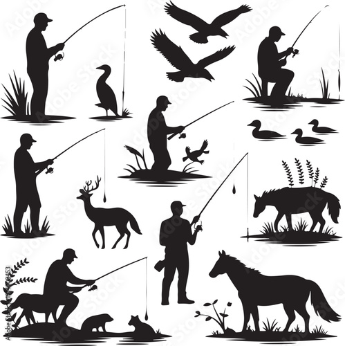 Silhouette of people fishing with animals  men fishing with wildlife