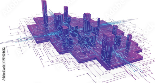 3D cityscape illustration with purple and blue skyscrapers and grid layout viewed from above