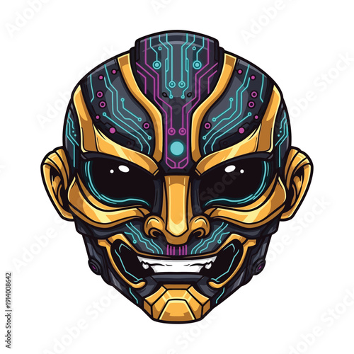 Futuristic Cyberpunk Oni Mask Vector. AI Robot Head Illustration with Gold Armor and Glowing Neon Circuitry on White.
