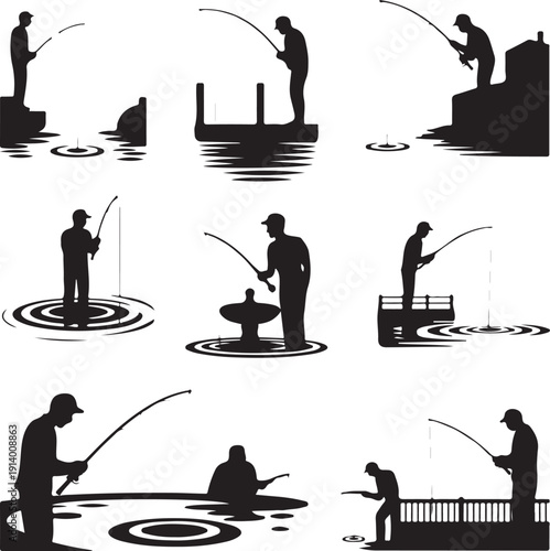 Silhouette of people fishing in various positions on land and water  recreational fishing