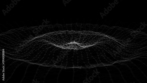 Abstract black music sound wave with dots and lines. Dark cyberspace with moving particles. Futuristic circle wave with digital database. Big data analytics. 3d rendering.