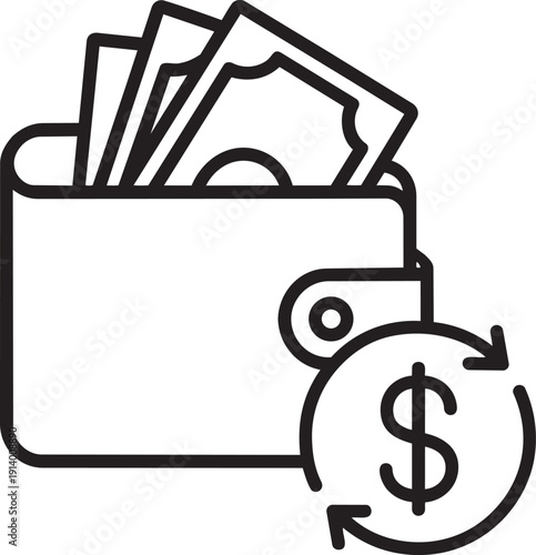 Wallet line icon with money bills and cycling coin representing daily expenses and cash turnover management