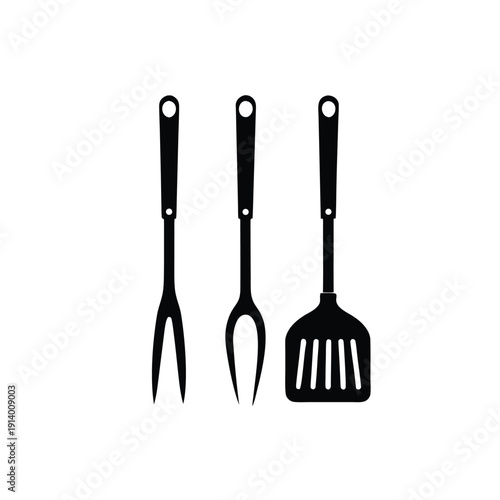 Three Black Kitchen Utensils on White Background cooking tools spatula fork