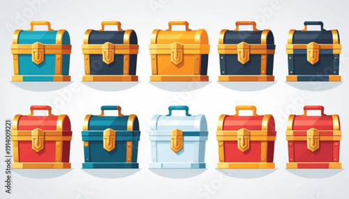 flat vector treasure chest icons in one image, arranged in a clean 2x3 grid layout, modern flat design, consistent style, bright vibrant colors