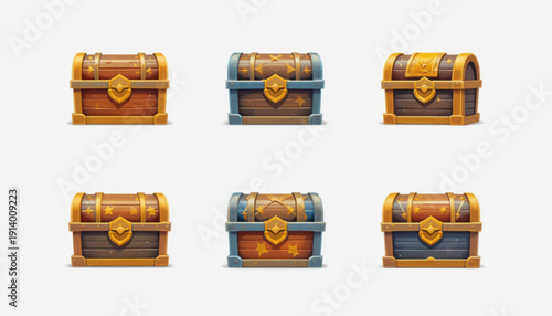 flat vector treasure chest icons in one image, arranged in a clean 2x3 grid layout, modern flat design, consistent style, bright vibrant colors