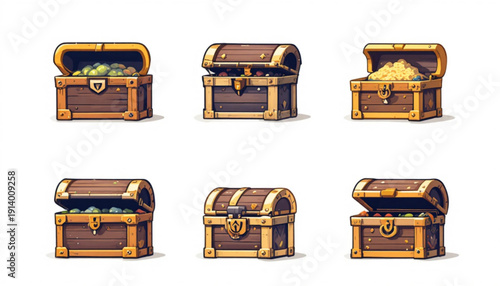 flat vector treasure chest icons in one image, arranged in a clean 2x3 grid layout, modern flat design, consistent style, bright vibrant colors