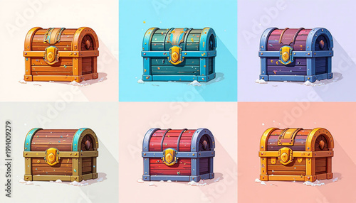 flat vector treasure chest icons in one image, arranged in a clean 2x3 grid layout, modern flat design, consistent style, bright vibrant colors