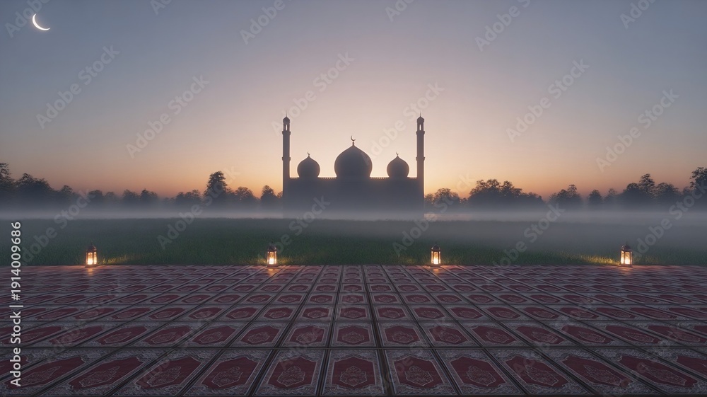 Obraz premium Peaceful Eid morning prayer ground with patterned mats mosque silhouette in soft sunrise light lanterns crescent moon and gentle mist creating calm spiritual atmosphere