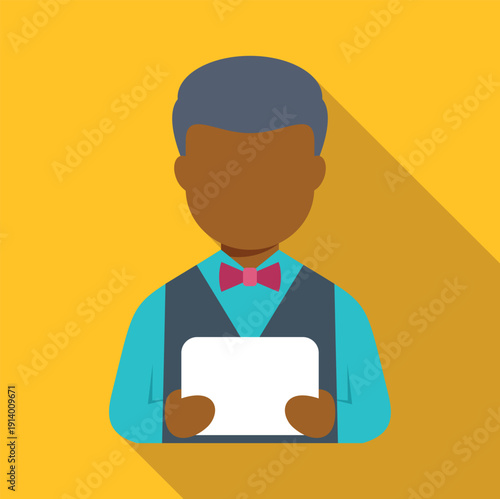 African american server wearing uniform, offering digital service with a flat design icon style