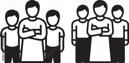 Vector icon illustration of a diverse group of people, including an adult with crossed arms and two children, in a minimalist black and white style, isolated on a transparent background.
