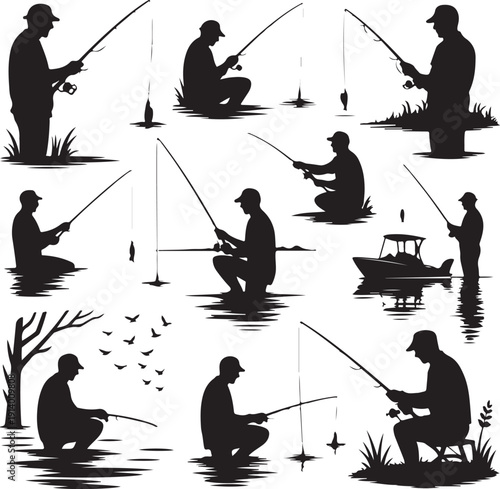 Silhouette of various people fishing in different positions on water  recreational activity