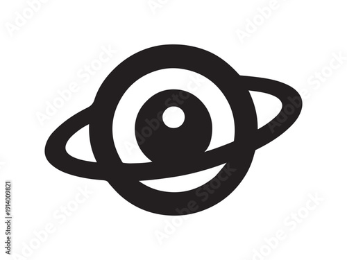 Vector silhouette of an eye inside a ringed planet symbolizing vision, awareness, space, and cosmic observation.