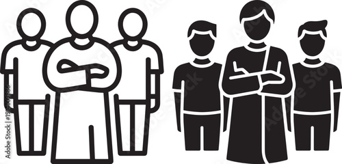 Vector illustration of two groups of three people icons, one group in outline style and the other in solid black fill, representing team or crowd.