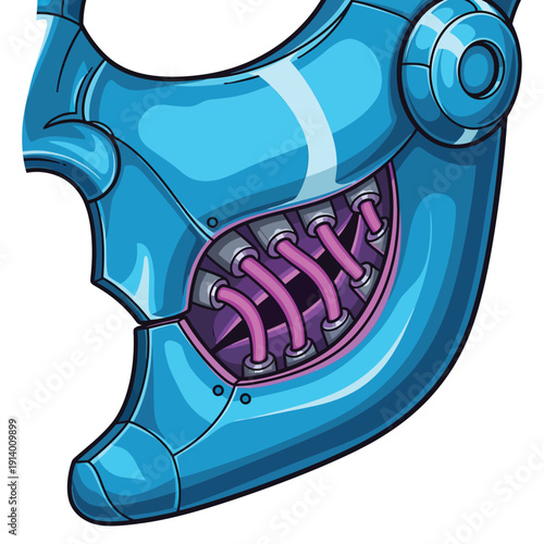 Sci-Fi Robot Jaw Illustration. Blue Cybernetic Face Segment with Exposed Neon Pink Wires. Cartoon Cyborg Character Mascot Asset.