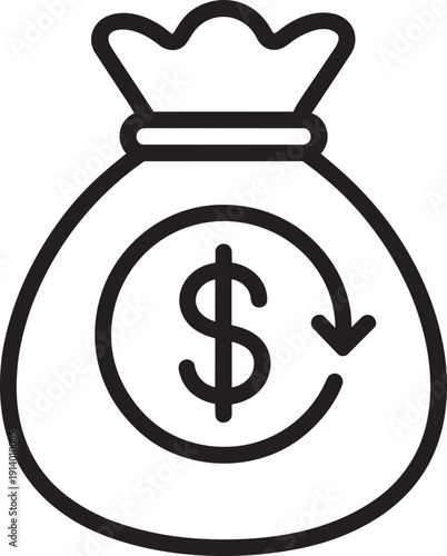Sack of money icon with dollar cycle arrow representing investment return and capital refund profit