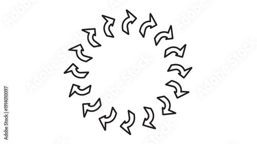 Hand drawn black arrows swirling in circular motion symbolizing teamwork flow direction and business synergy concept isolated on white background