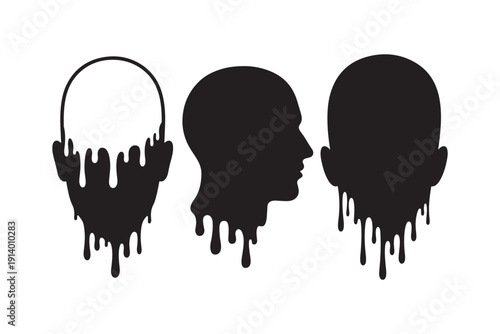Vector silhouette of three human heads dripping and losing form, symbolizing mental pressure, identity loss, and abstract emotion.