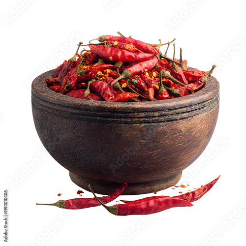 Rustic bowl filled with dried red chili peppers isolated on white