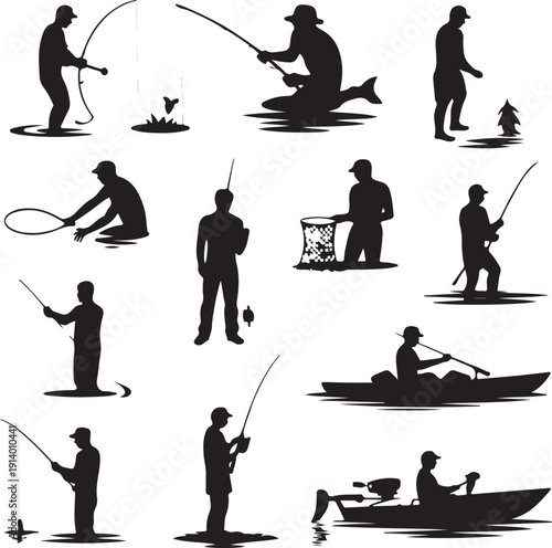 Silhouettes of people fishing in various poses on water and land  recreational activity