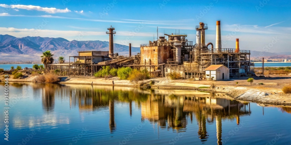 Fototapeta premium Abandoned Industrial Facility Near Water with Mountain Background