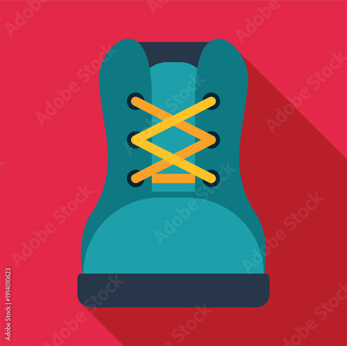Hiking boot with shoelaces on a red background featuring flat design style