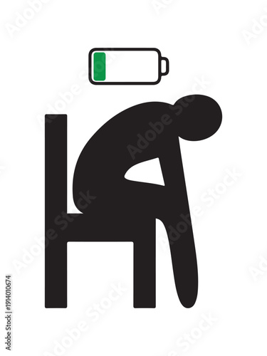 Vector silhouette of a tired person slumped over with a low battery symbolizing exhaustion, burnout, and low energy.