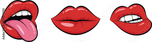 Set of red cartoon lips with tongue out and biting lip expressions, sexy lipstick mouth collection, pop art comic style isolated on white background.