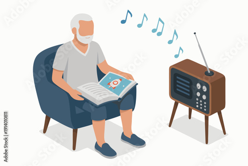 An elderly man listening to music on a vintage radio while reading a book