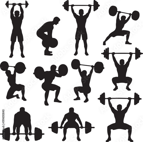 Silhouettes of people lifting weights in various poses and exercises