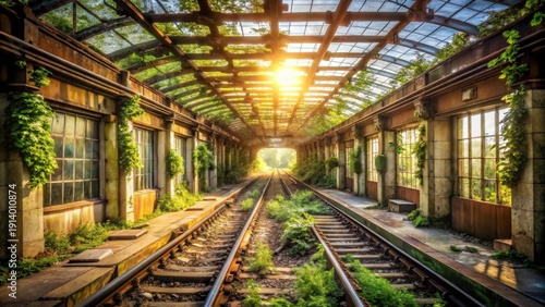 Overgrown Abandoned Train Station with Sunlight Streaming Through Glass