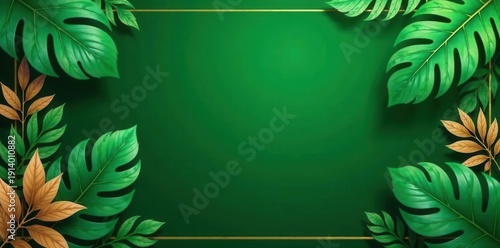 Emerald green background, gold Art Deco floral & tropical leaves, philodendron, elegant, line art