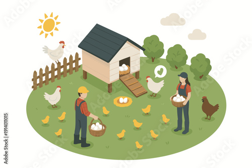 A colorful vector illustration of farmers collecting eggs from a chicken coop