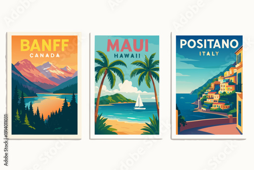 A set of vibrant travel posters featuring iconic destinations around the world