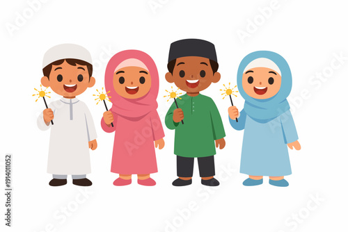 Happy diverse Muslim children celebrating Eid or Ramadan with sparklers, smiling cheerfully in traditional attire.