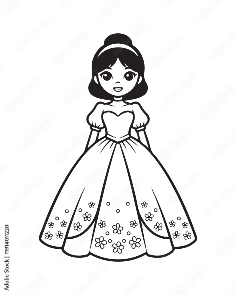 Fototapeta premium Beautiful Princess Doll Wearing a Floral Ball Gown and Elegant Tiara Coloring Page