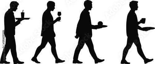 Silhouette of male waiter walking carrying tray with drink and food, restaurant service staff collection, catering worker side view, hospitality industry concept isolated on white background.