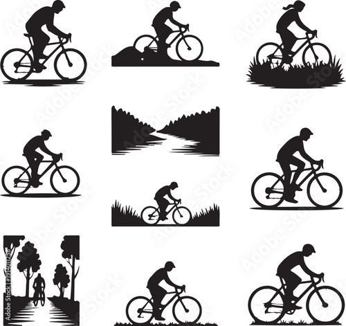 Silhouettes of people riding bicycles in various landscapes and environments