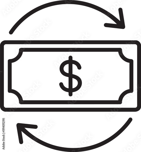 Dollar banknote line icon with curved arrow underneath indicating money refund and financial return transaction process