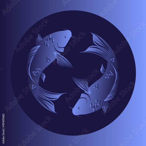 Two stylized koi fish forming a circular composition on dark blue gradient background. Minimal flat vector illustration inspired by Asian symbolism, yin yang harmony concept and traditional art