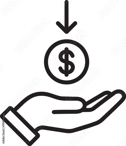 Hand icon receiving a falling dollar coin representing income generation and obtaining cash back reward profit