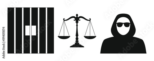Vector graphic showing justice scales between a prison and a hooded figure