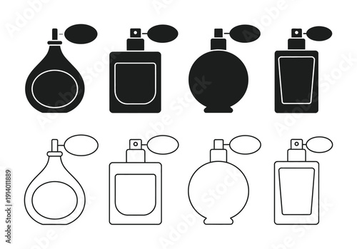 Vector of various perfume bottle designs in black and white